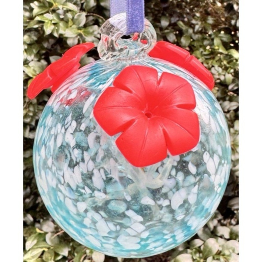 Hummingbird Feeder Hand Blown Glass Blue White Confetti Red Flower Ports Hanging